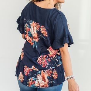 Umgee Dark Blue Floral Ruffle Blouse